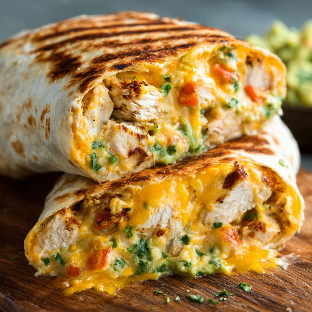 A burrito with chicken and cheese.
