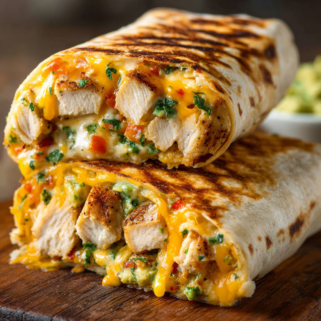 A chicken burrito with cheese and peppers.