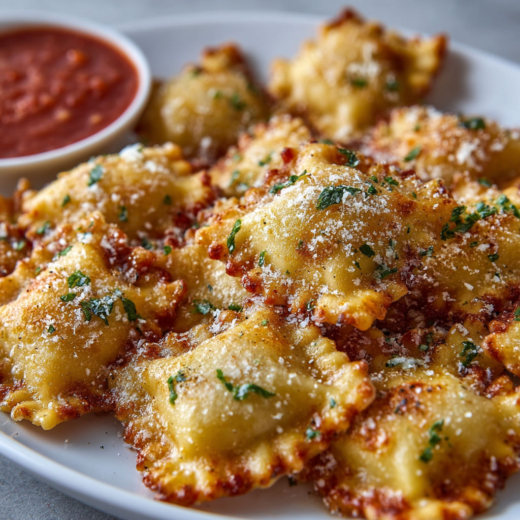 A plate of crispy ravioli appetizer with 5 ultimate cheesy bites.