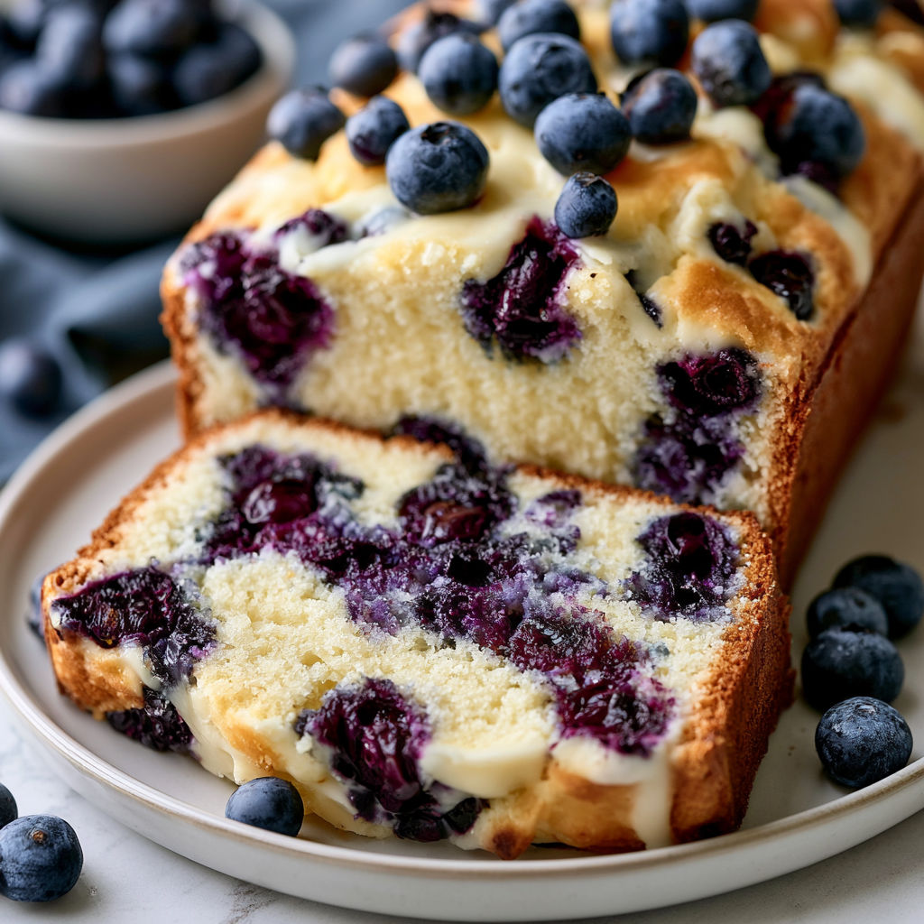 A slice of blueberry cream cheese bread.