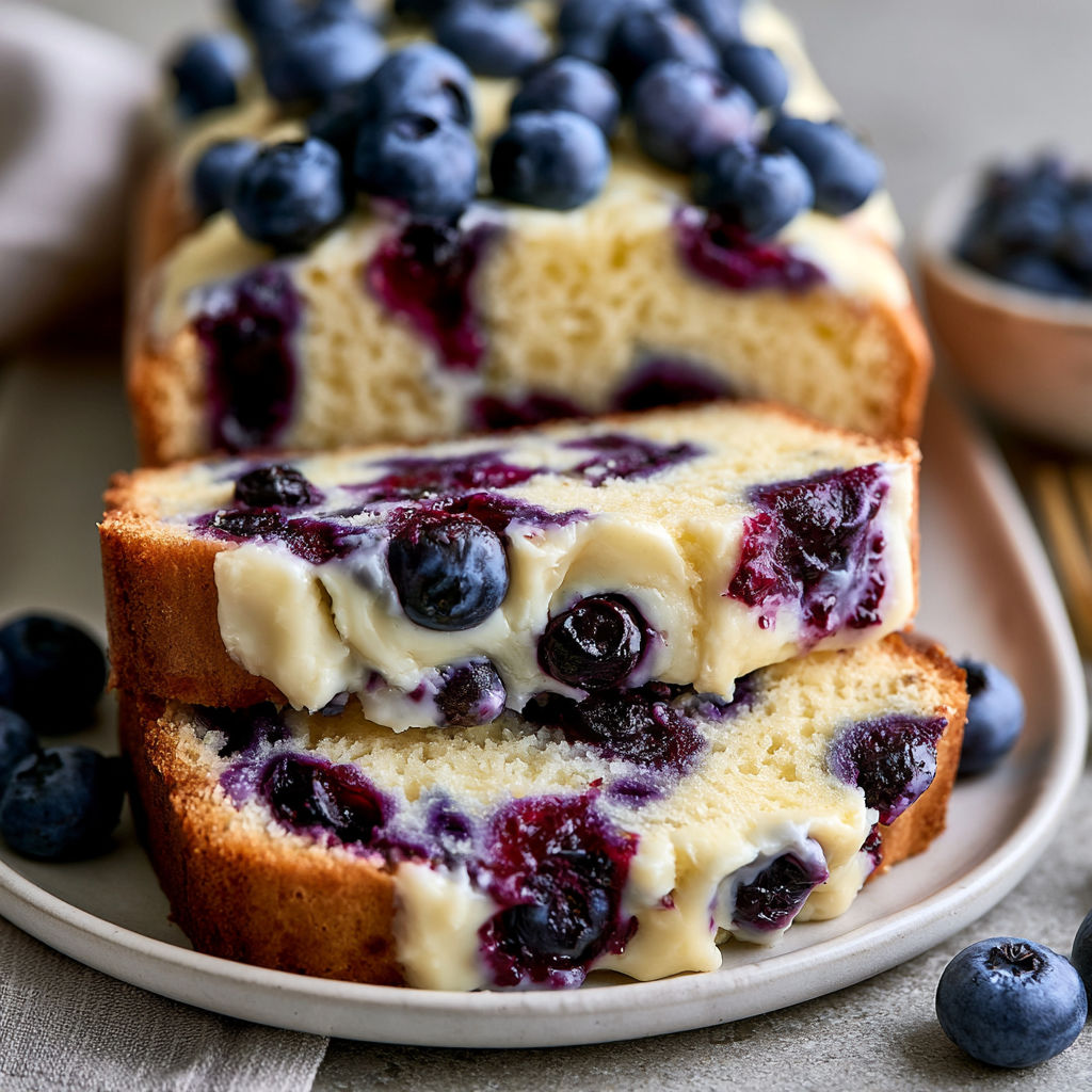A slice of blueberry cream cheese bread.