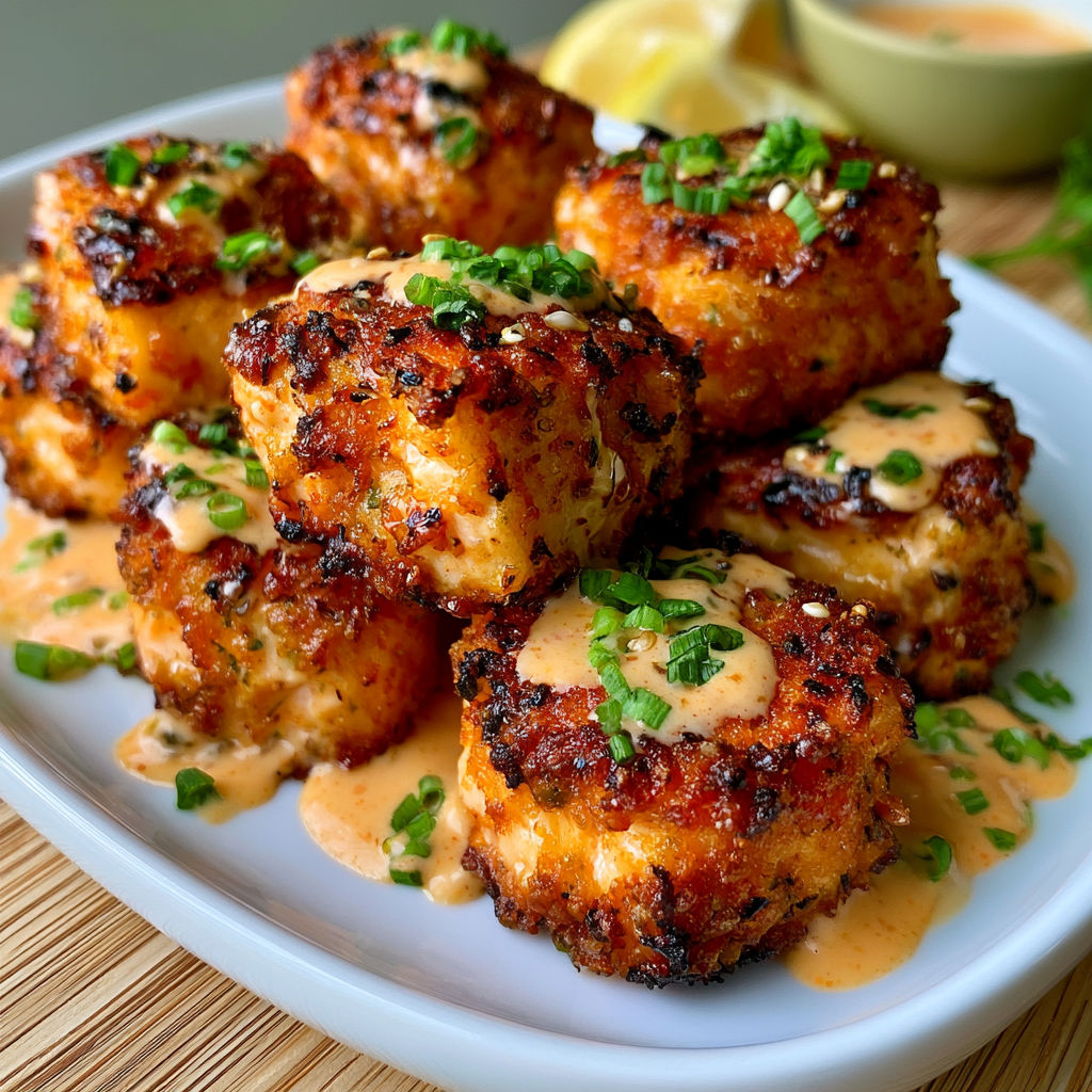 A plate of crispy bang bang salmon bites.
