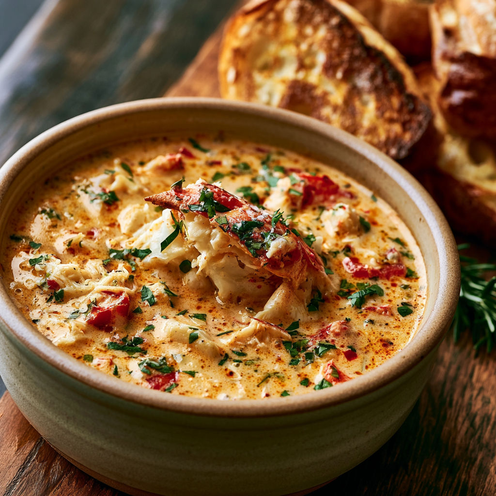 A bowl of crab stew with a loaf of bread.