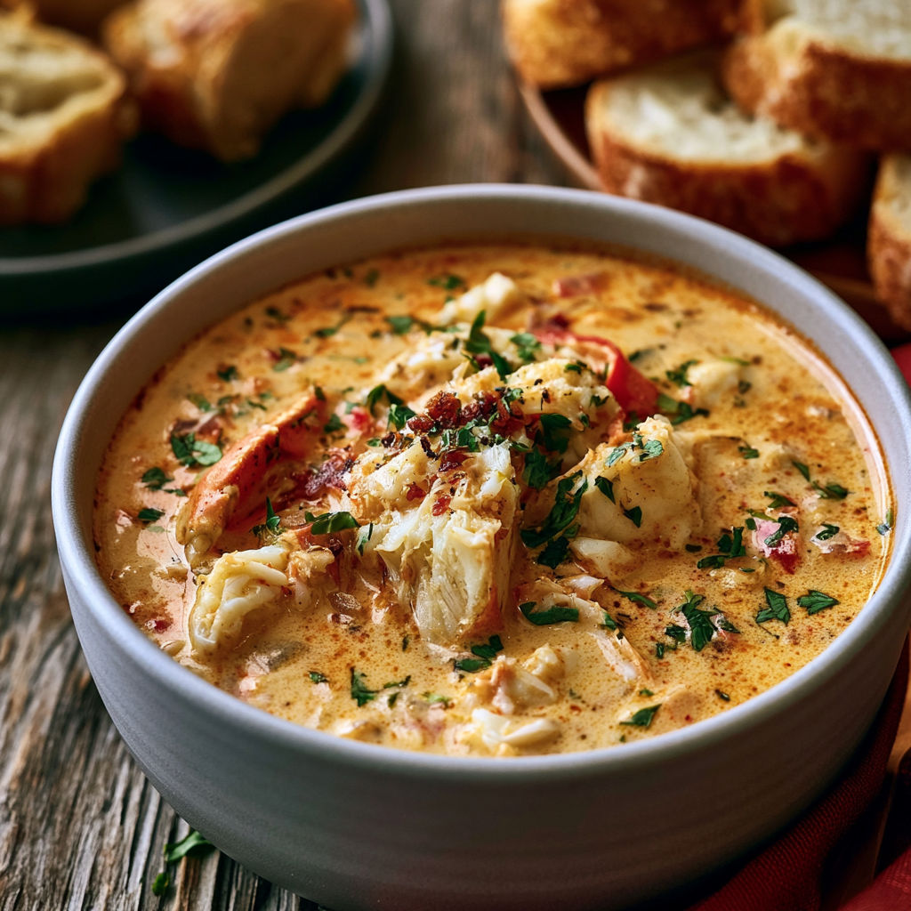 A bowl of crab stew with a spoon in it.