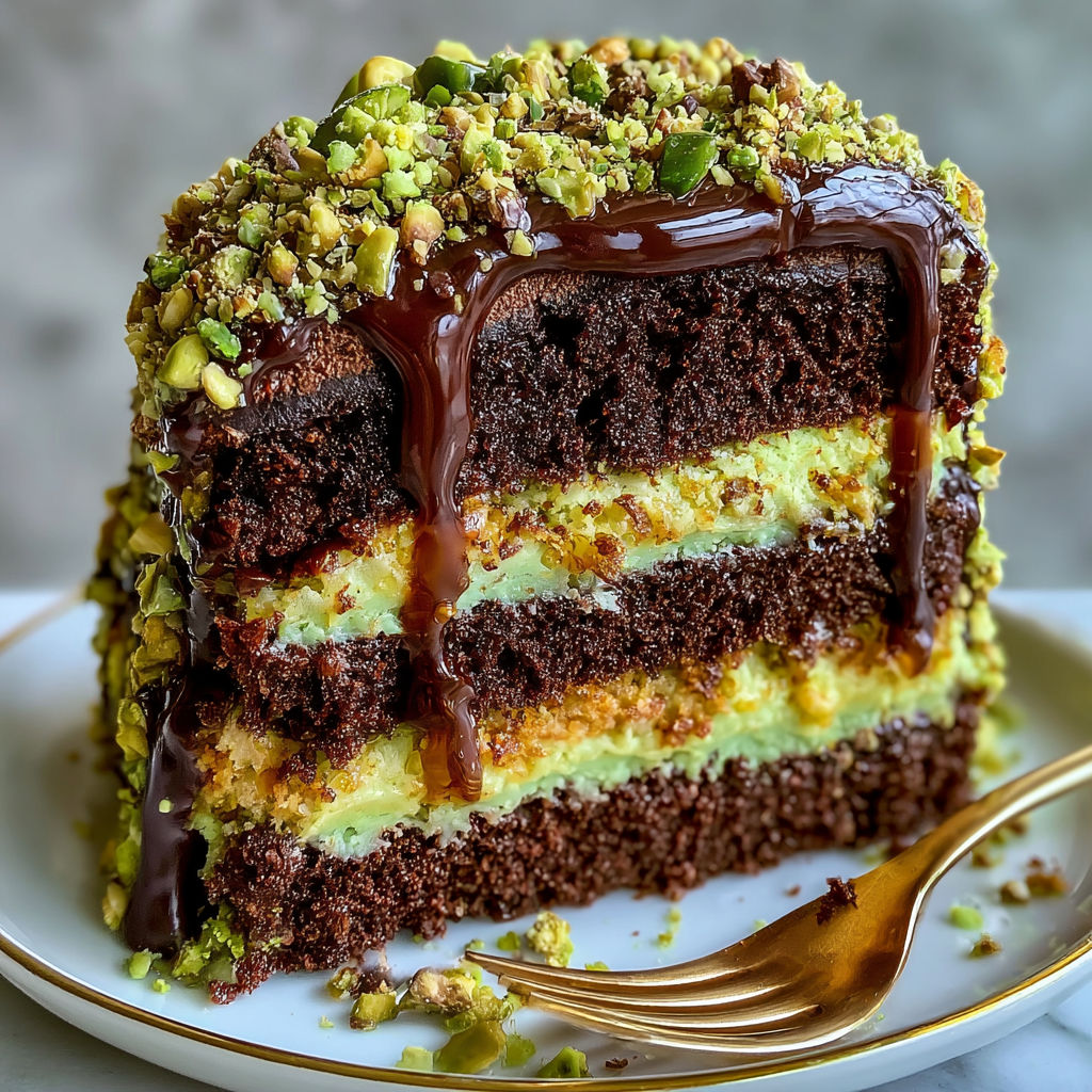 A slice of chocolate pistachio cake.