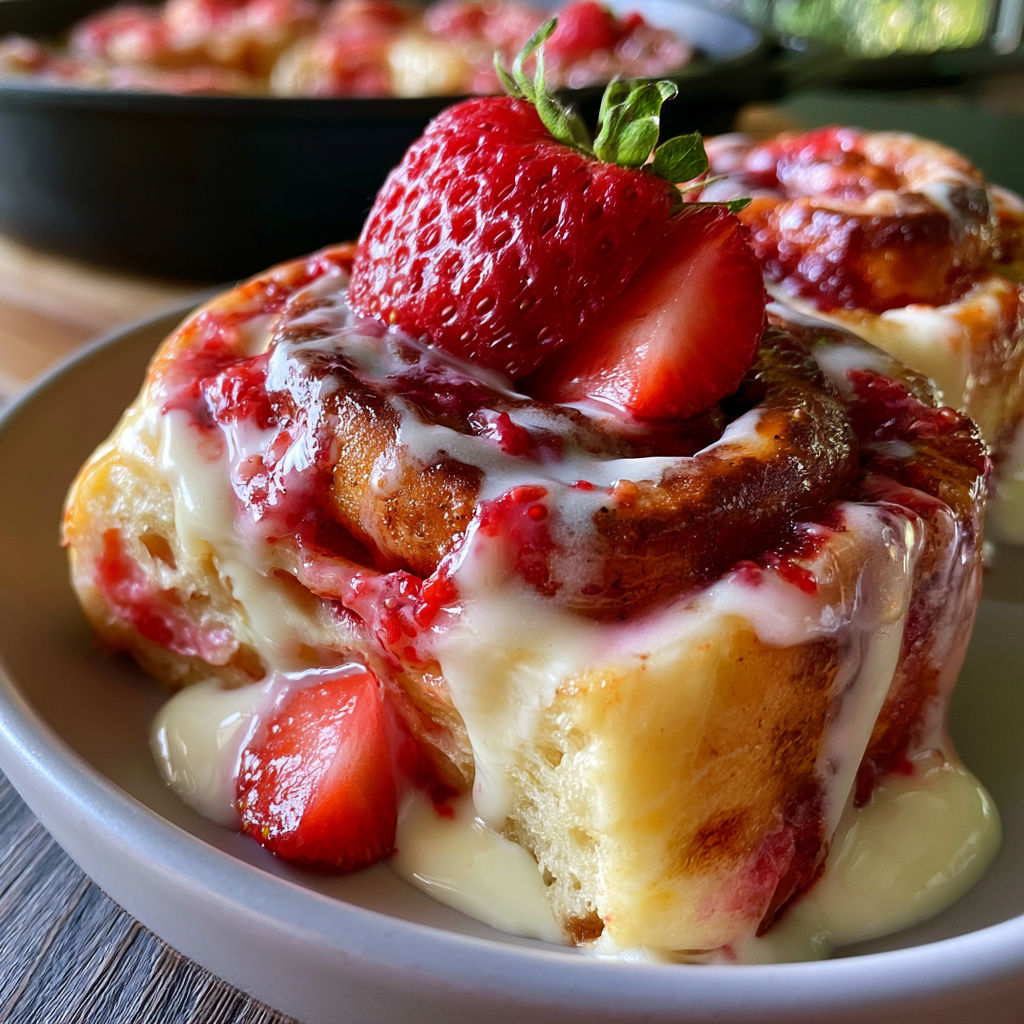 A plate of cinnabon rolls with strawberries on top.