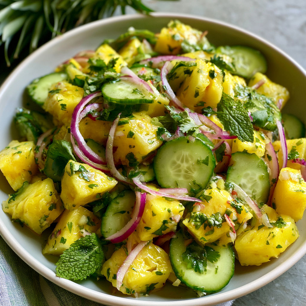 A bowl of pineapple cucumber salad.