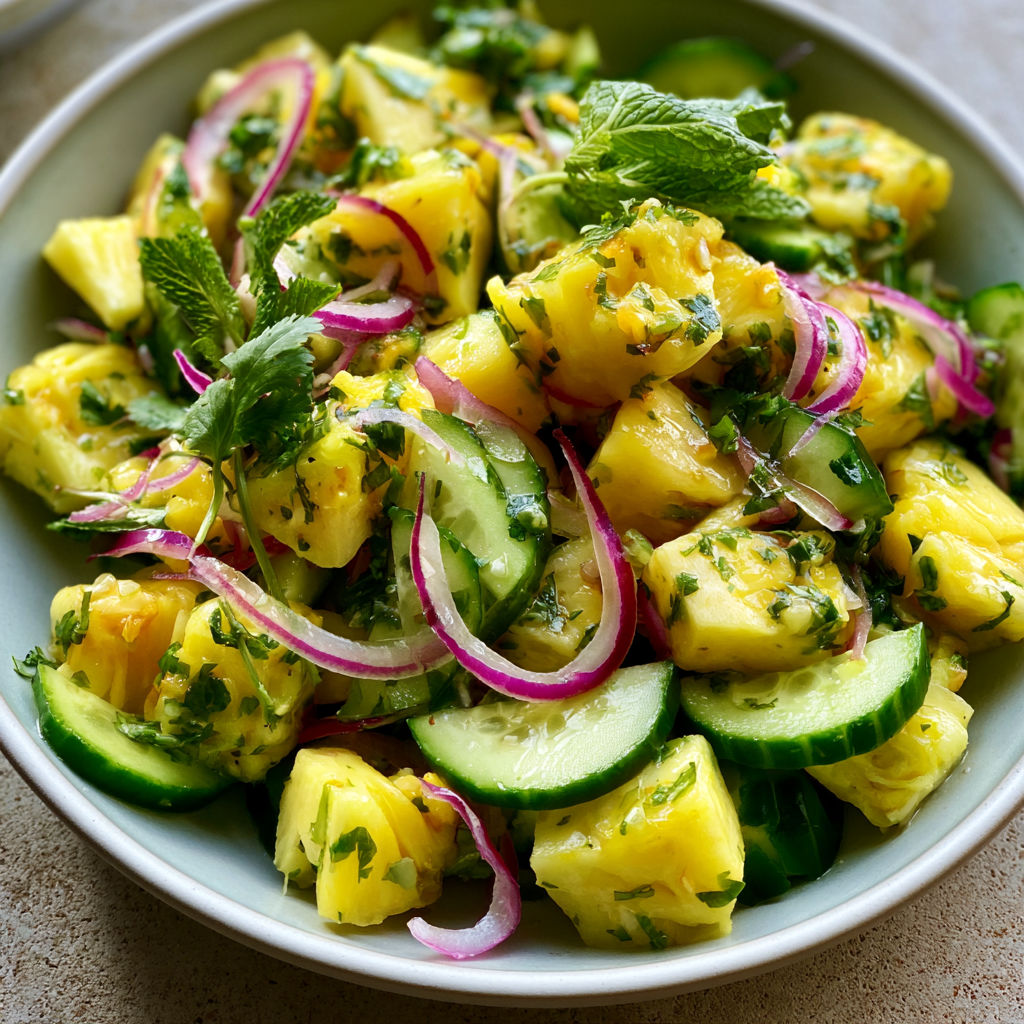 A bowl of pineapple and cucumber salad.