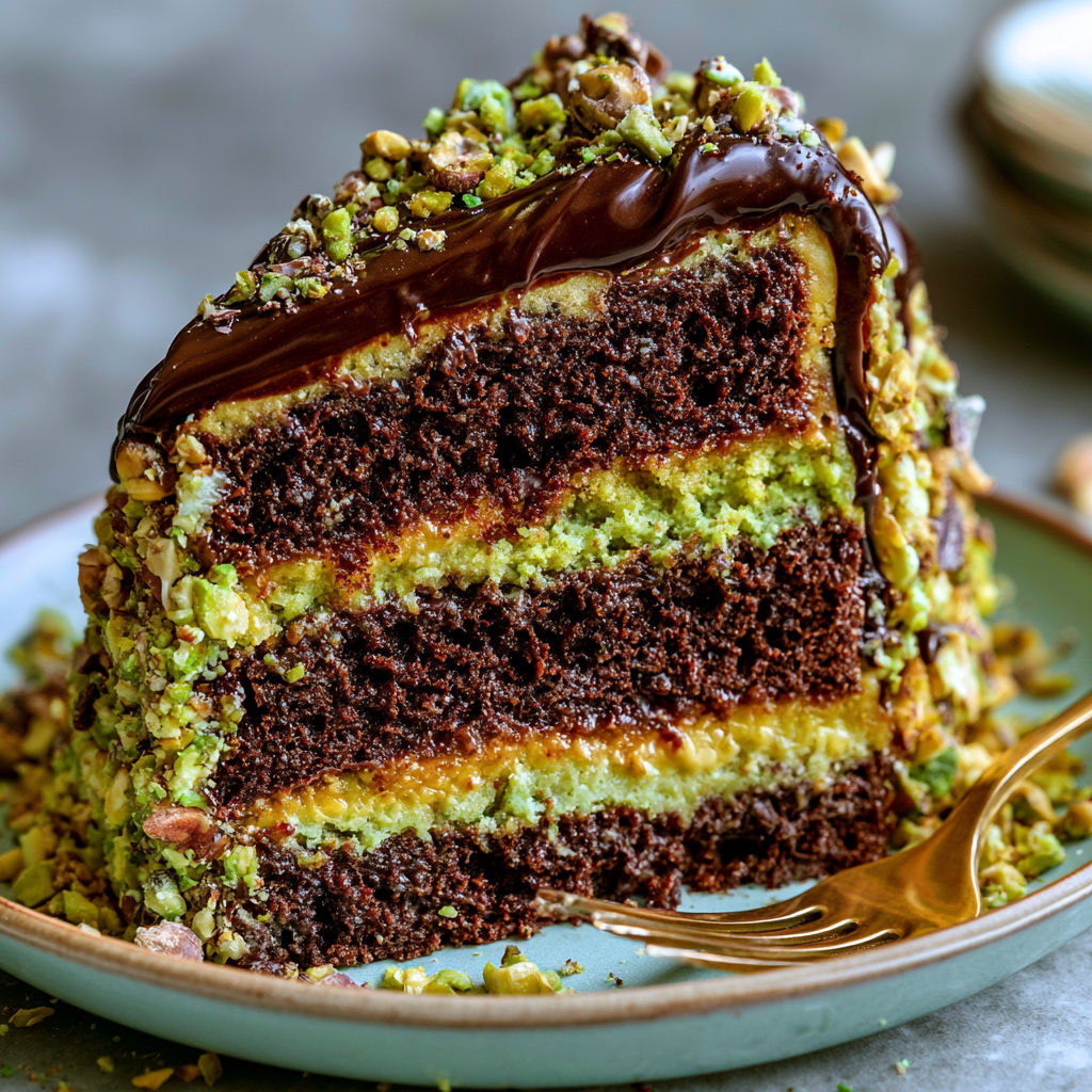A slice of chocolate cake with chocolate icing and nuts.