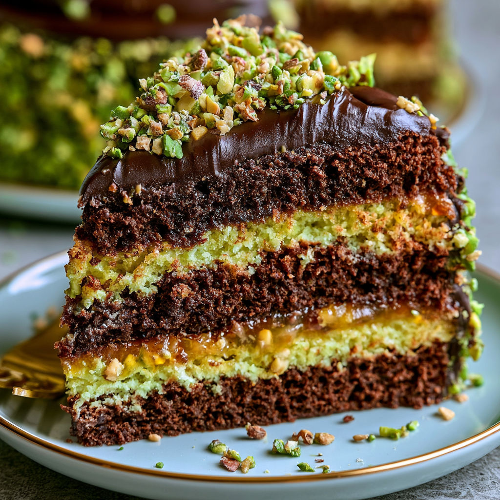 A slice of chocolate cake with nuts on top.