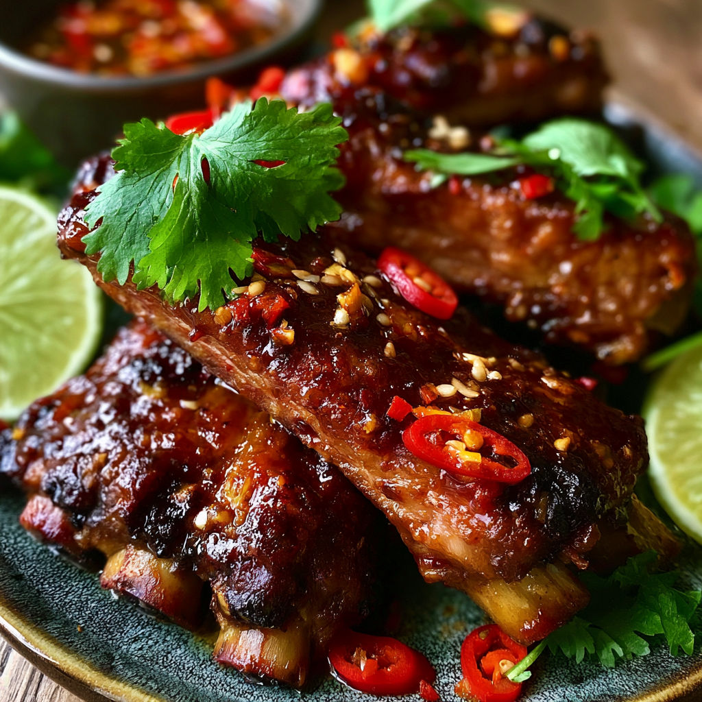 A plate of ribs with a spicy sauce.