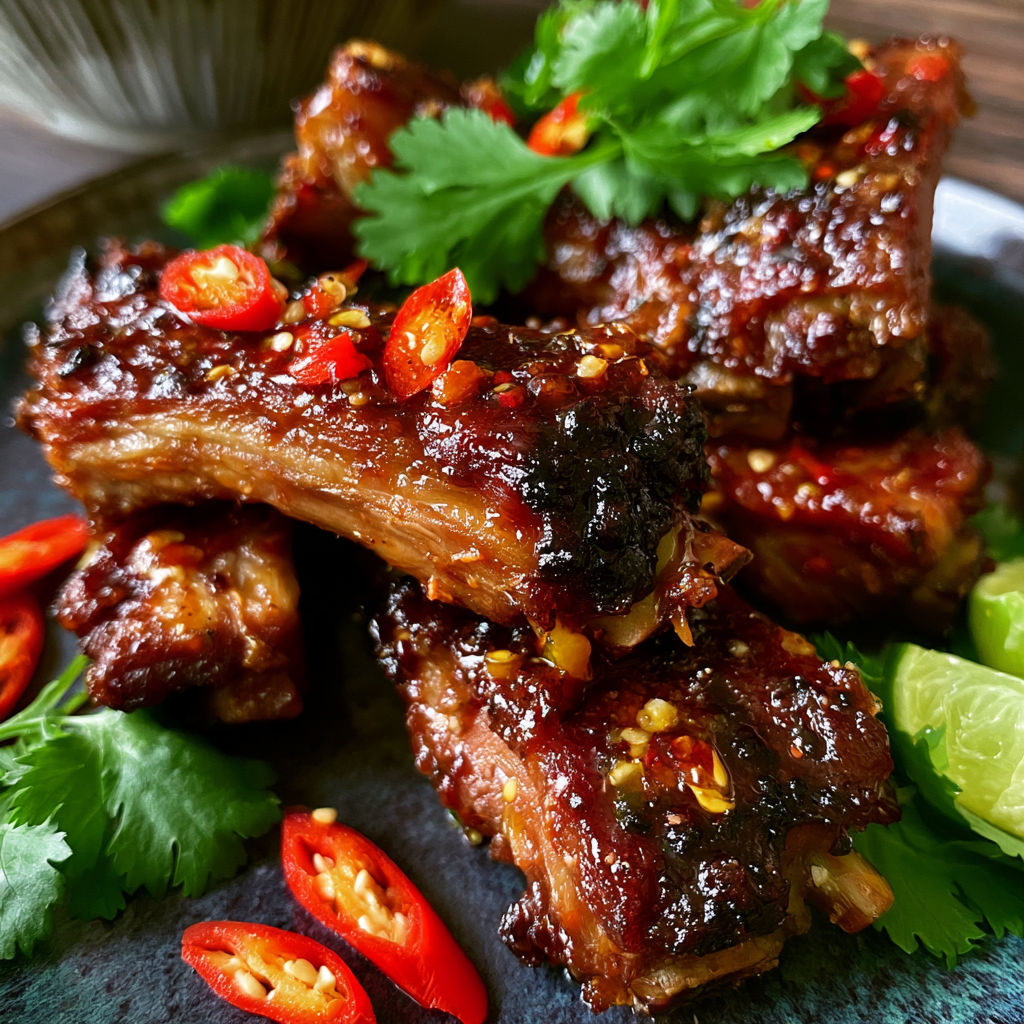 A plate of ribs with peppers and herbs on it.