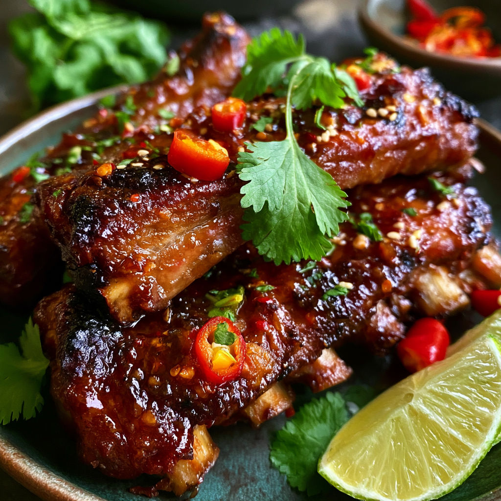A plate of ribs with a lime wedge on the side.