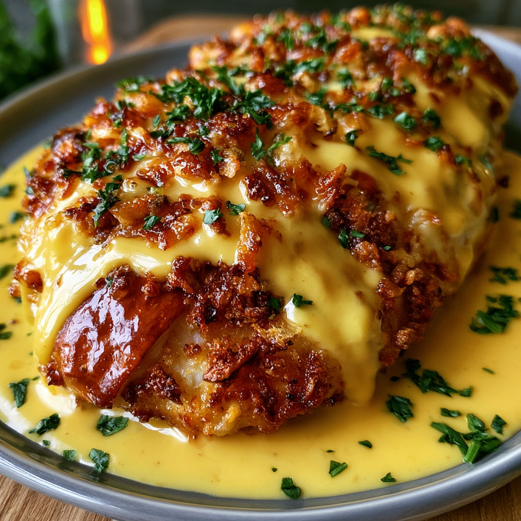 A plate of chicken with mustard and cheese sauce.
