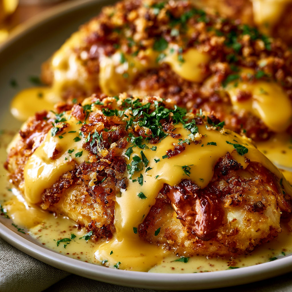 A plate of chicken with mustard and cheddar sauce.