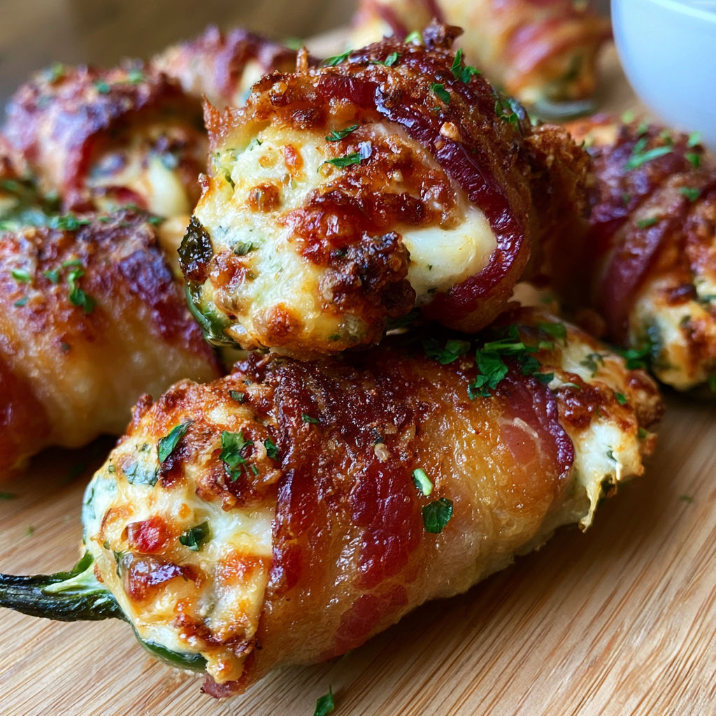 Bacon wrapped food on a wooden table.