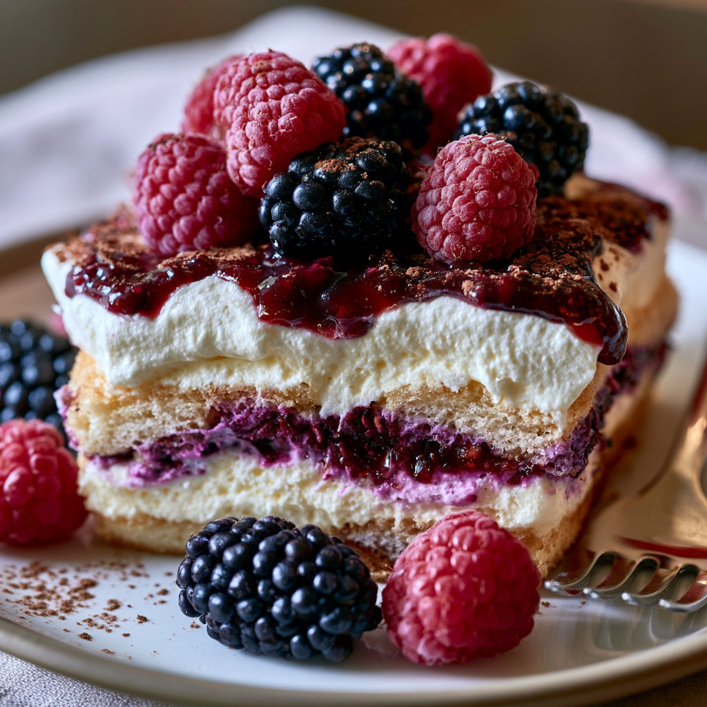 A slice of blackberry tiramisu cake.