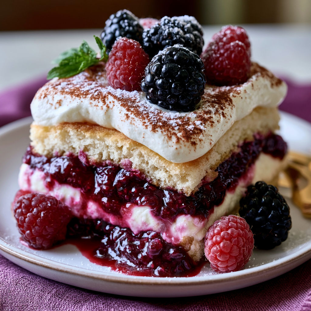 A layered dessert with blackberries and whipped cream.