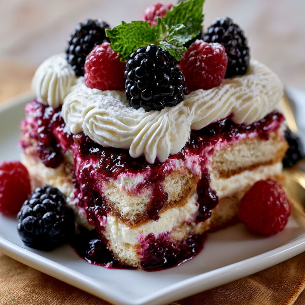 A slice of blackberry tiramisu cake on a plate.