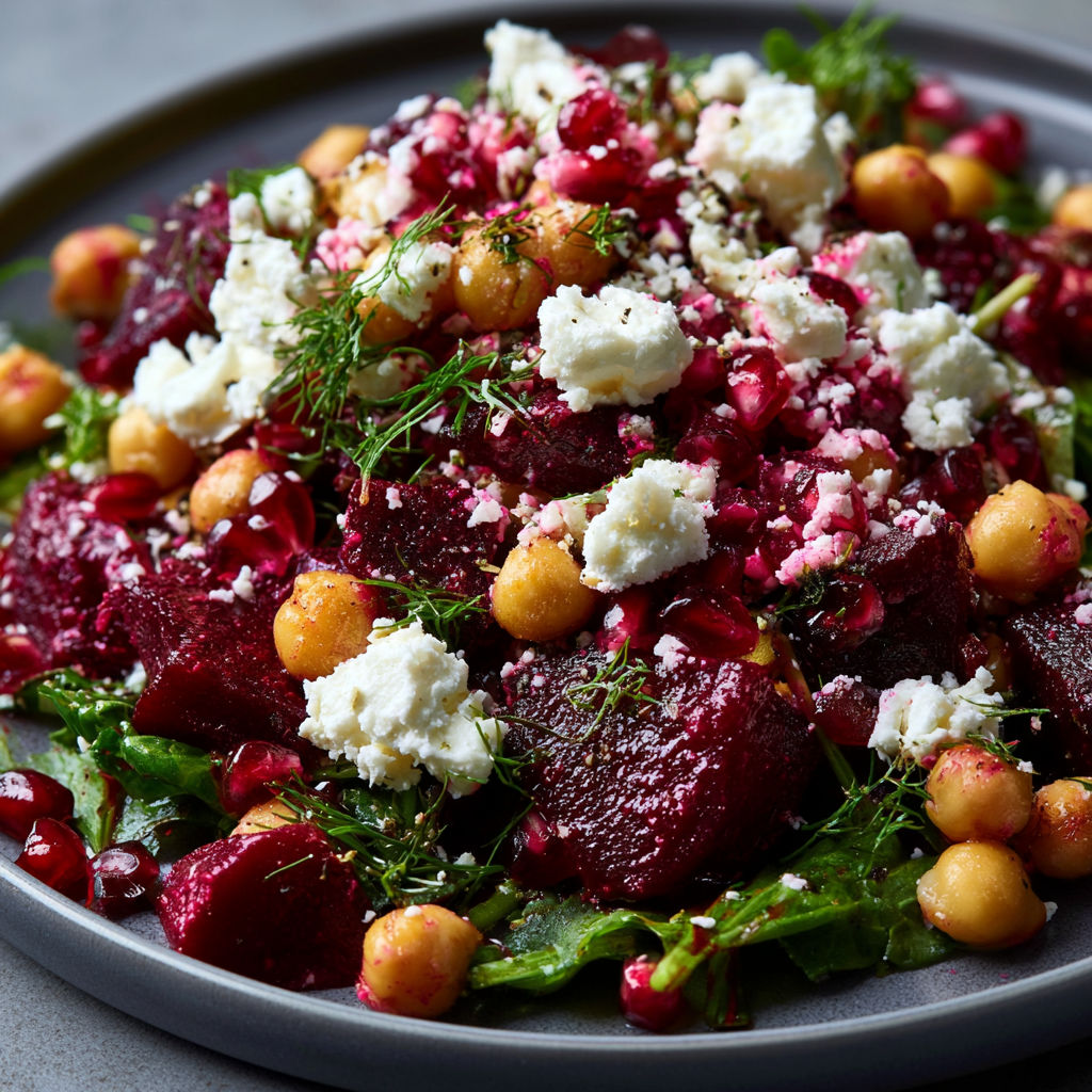 A plate of food with chickpeas, beets, and feta cheese.