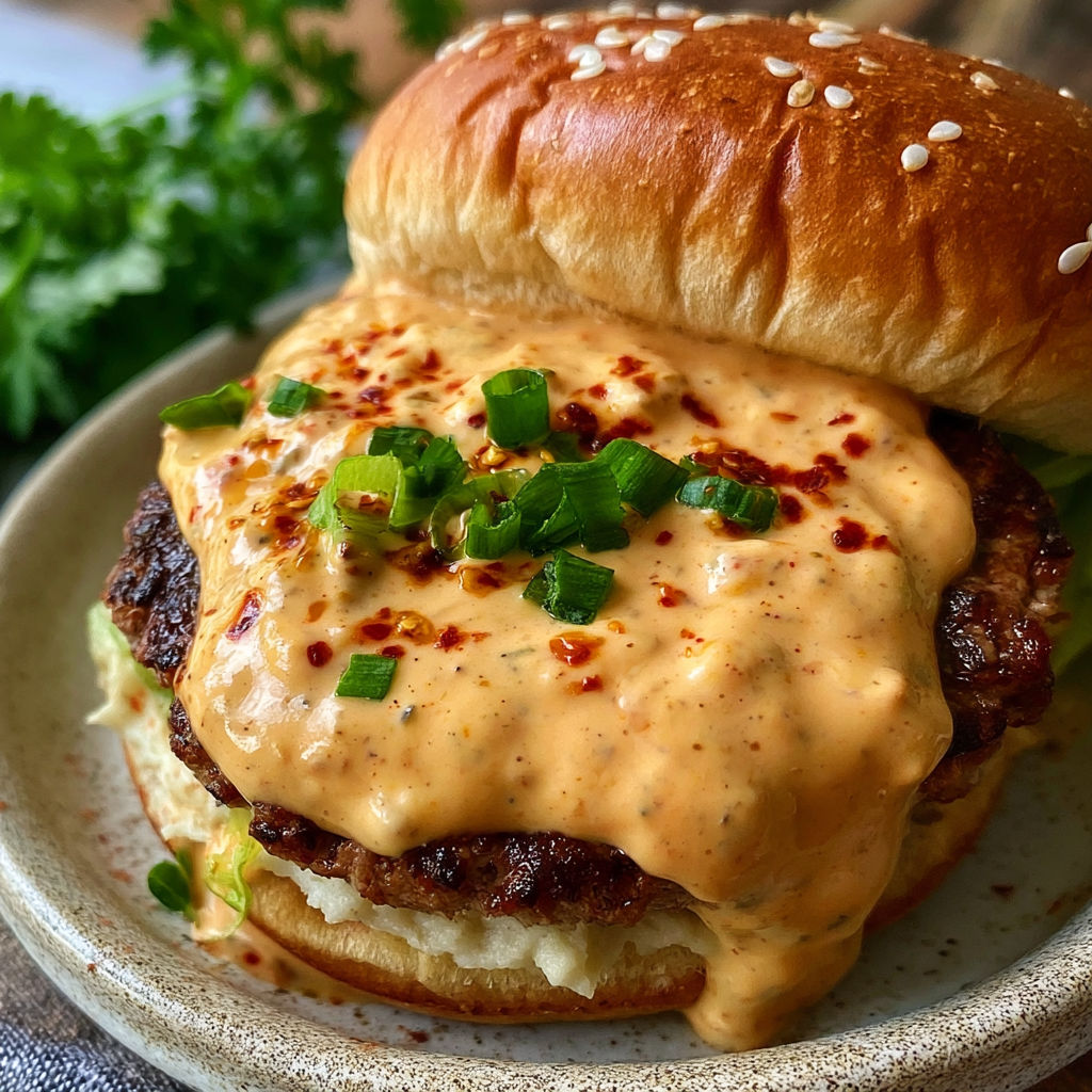 A smash burger with a generous amount of sauce.