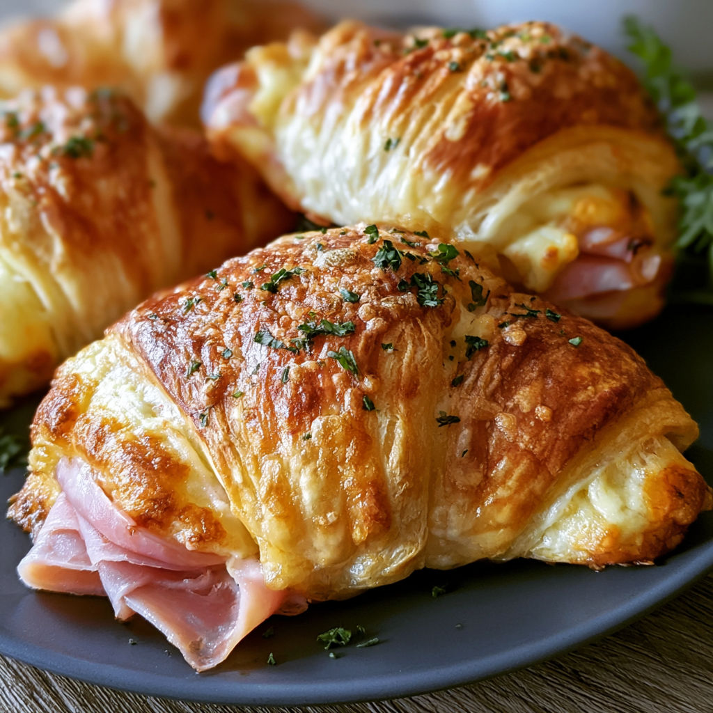 A plate of croissants with ham and cheese.