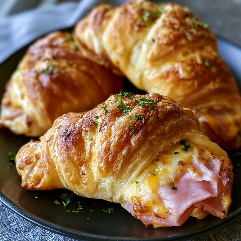 A plate of croissants with ham and cheese.