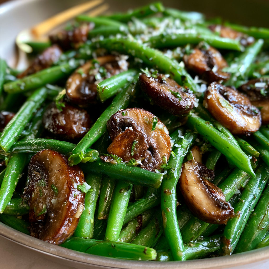 A plate of food with mushrooms and green beans.