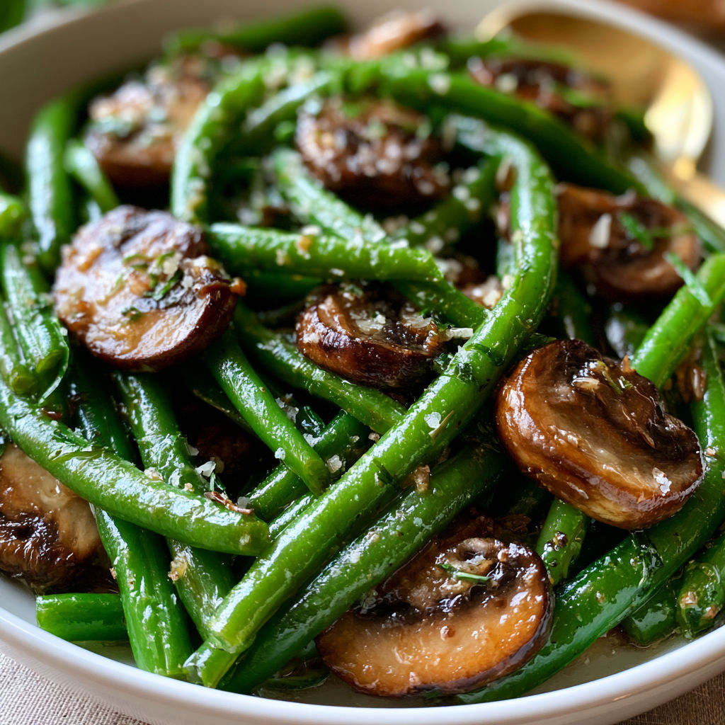 A bowl of food with green beans and mushrooms.