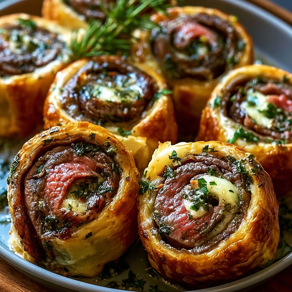 A plate of garlic herb steak pinwheels.