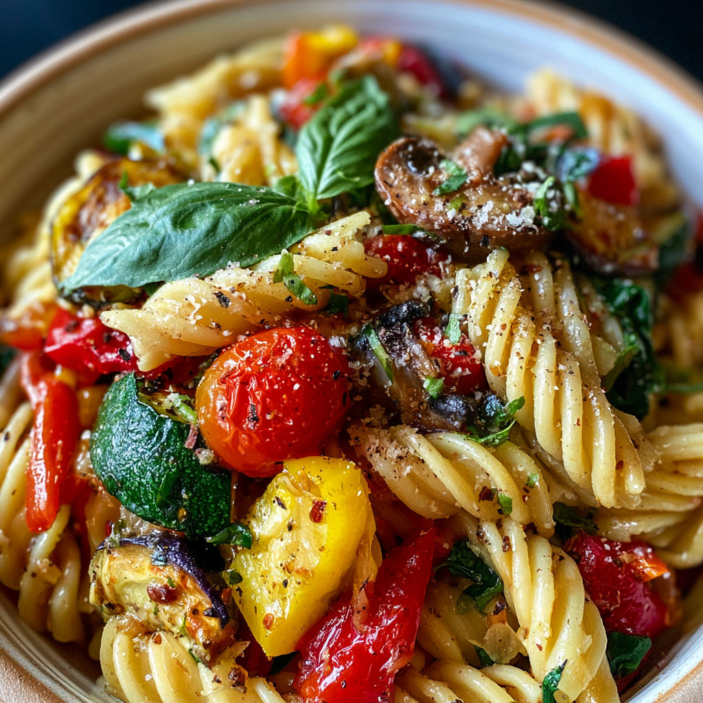 A bowl of pasta with roasted vegetables.