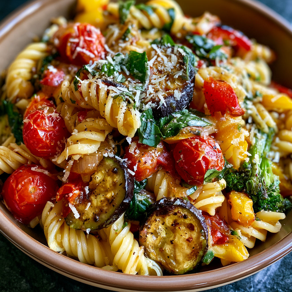 A bowl of pasta with tomatoes, zucchini, and broccoli.