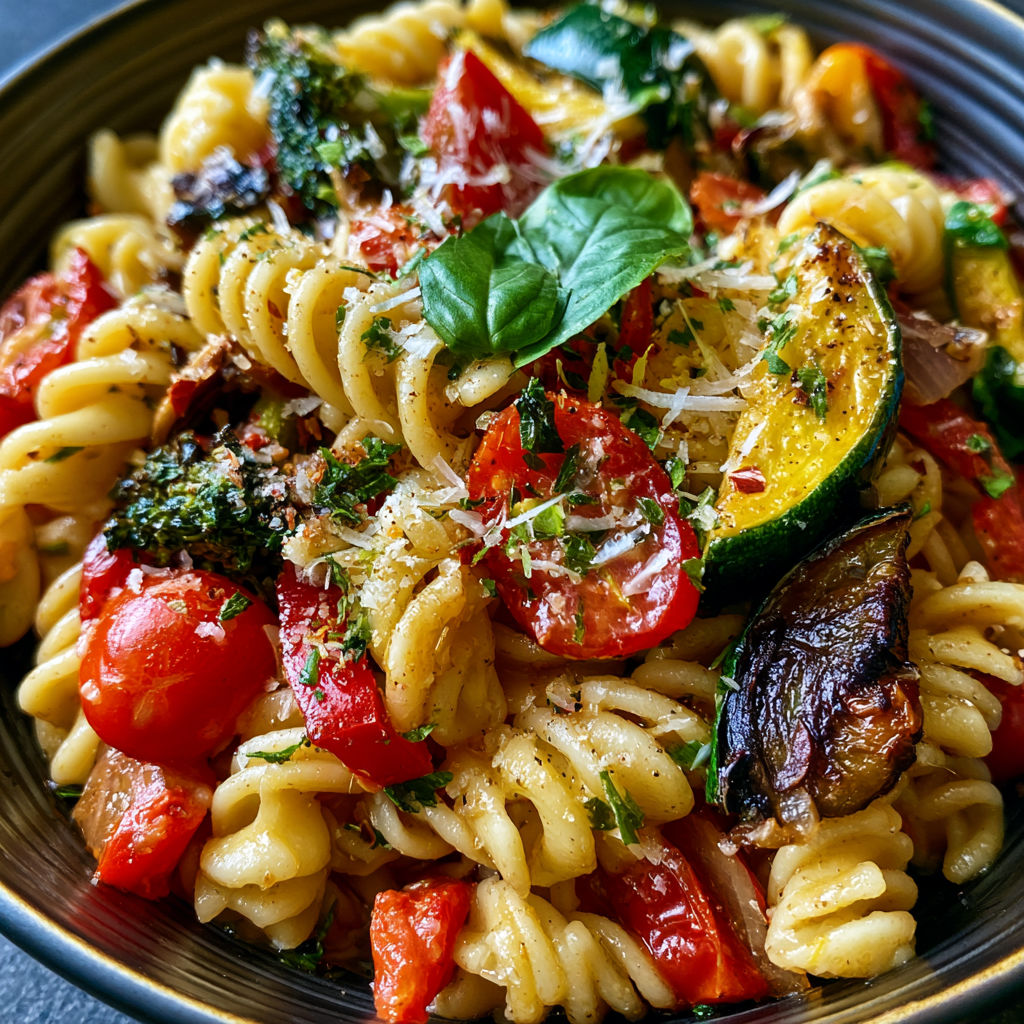 A bowl of pasta with tomatoes, zucchini, and cheese.
