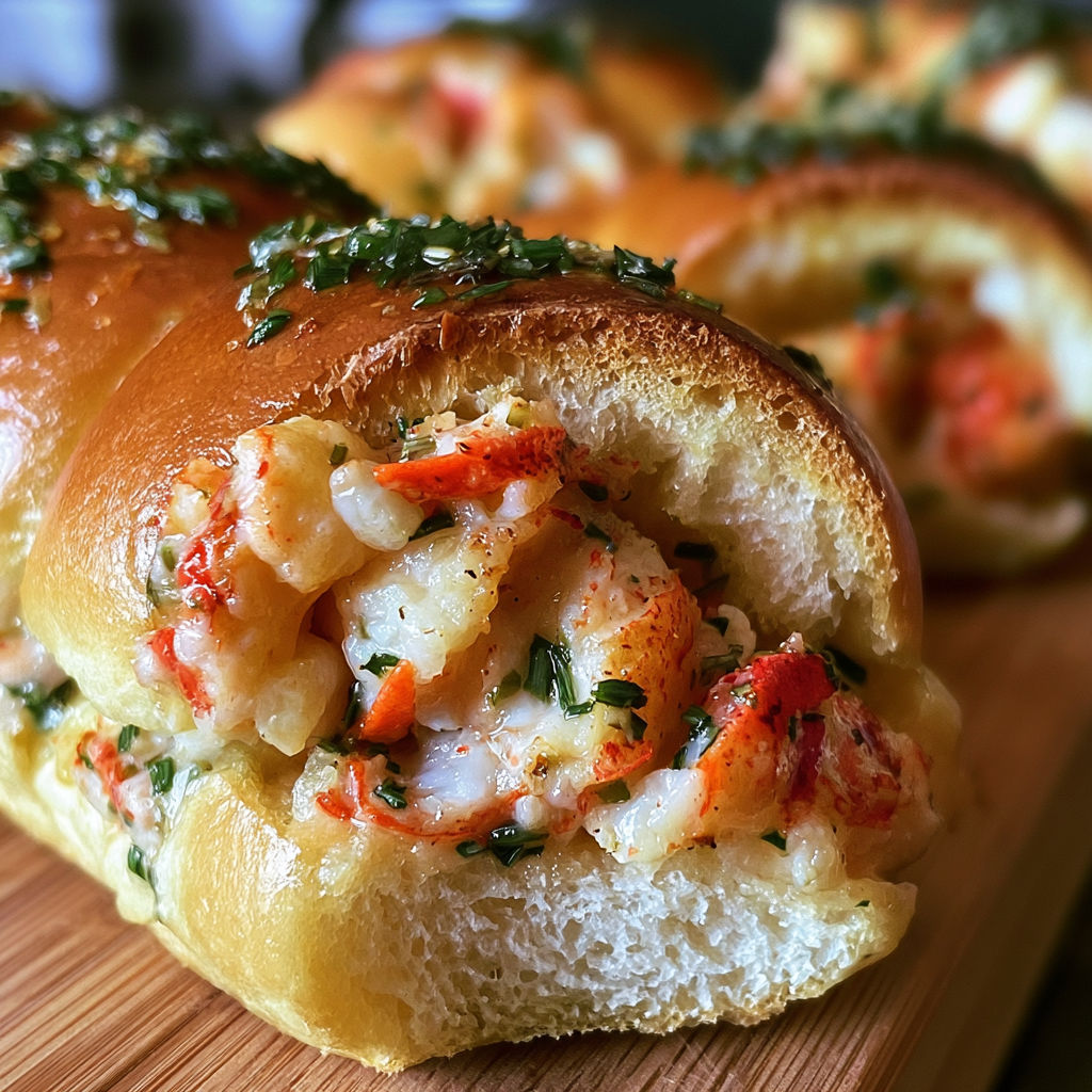 A close up of a lobster roll.