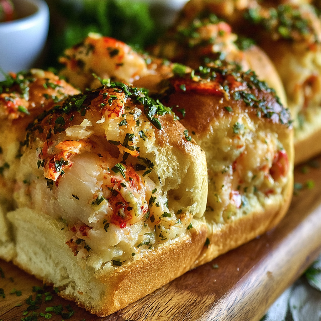 A loaf of bread with shrimp and herbs on top.