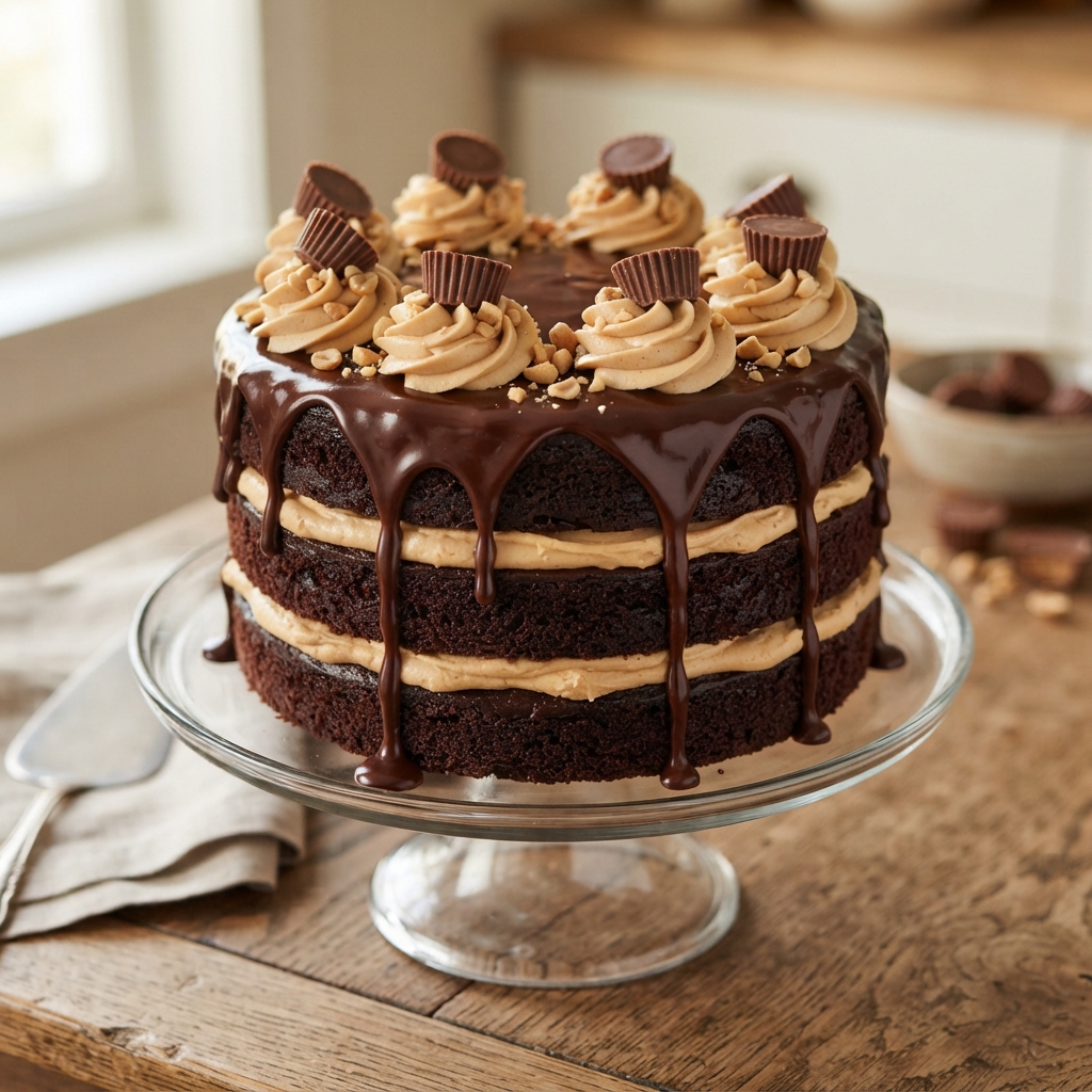 A slice of dark chocolate peanut butter cake.