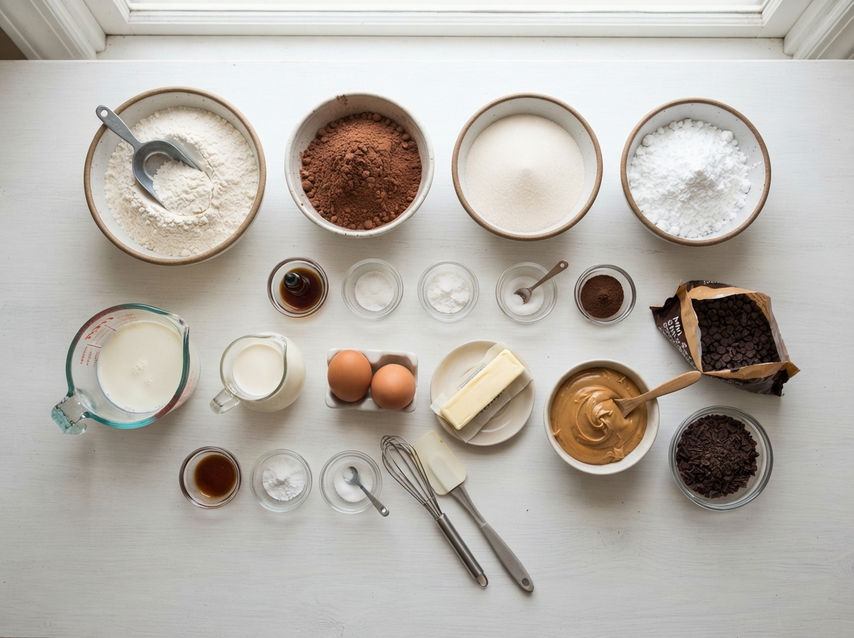 A table with various ingredients for a dark chocolate peanut butter cake.