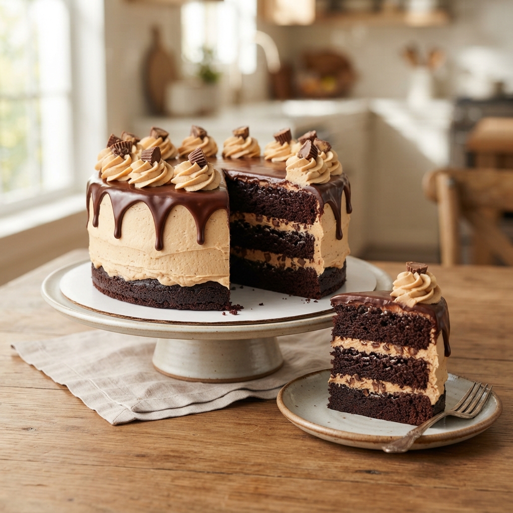 A slice of dark chocolate peanut butter cake on a plate.