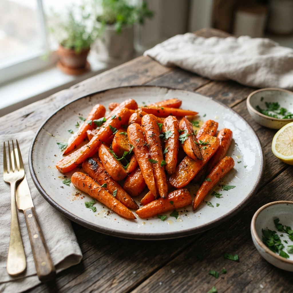 A plate of roasted carrots with honey garlic butter.