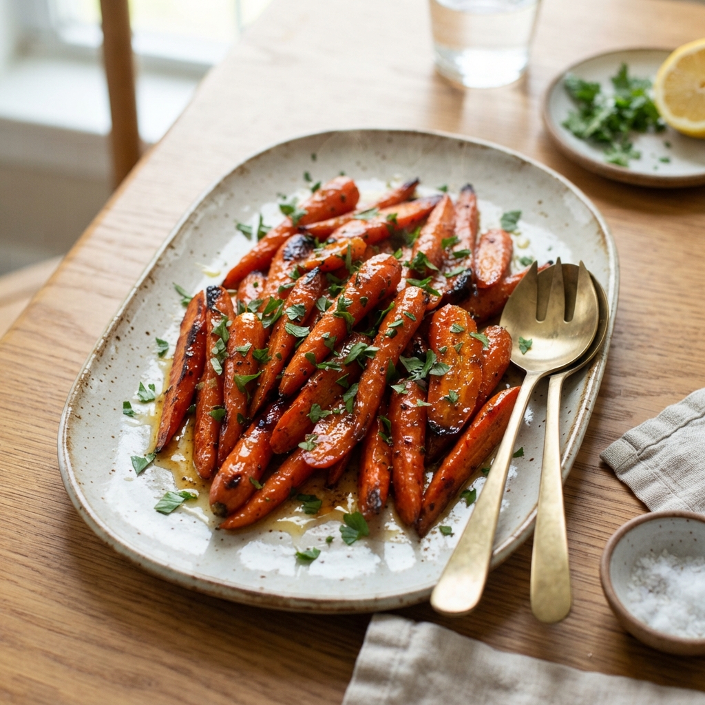 A plate of carrots with a fork and a lemon.