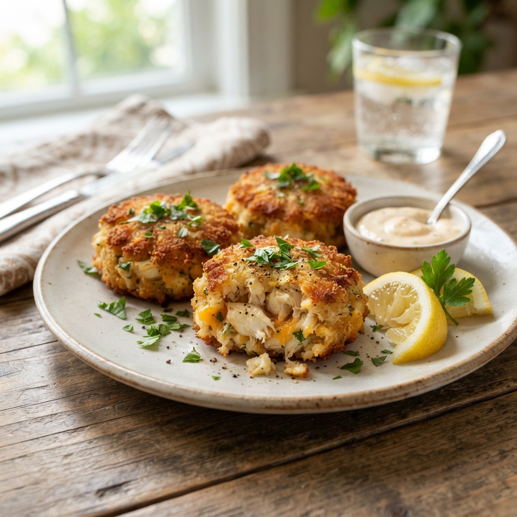 A plate of crispy cheddar bay crab cakes.