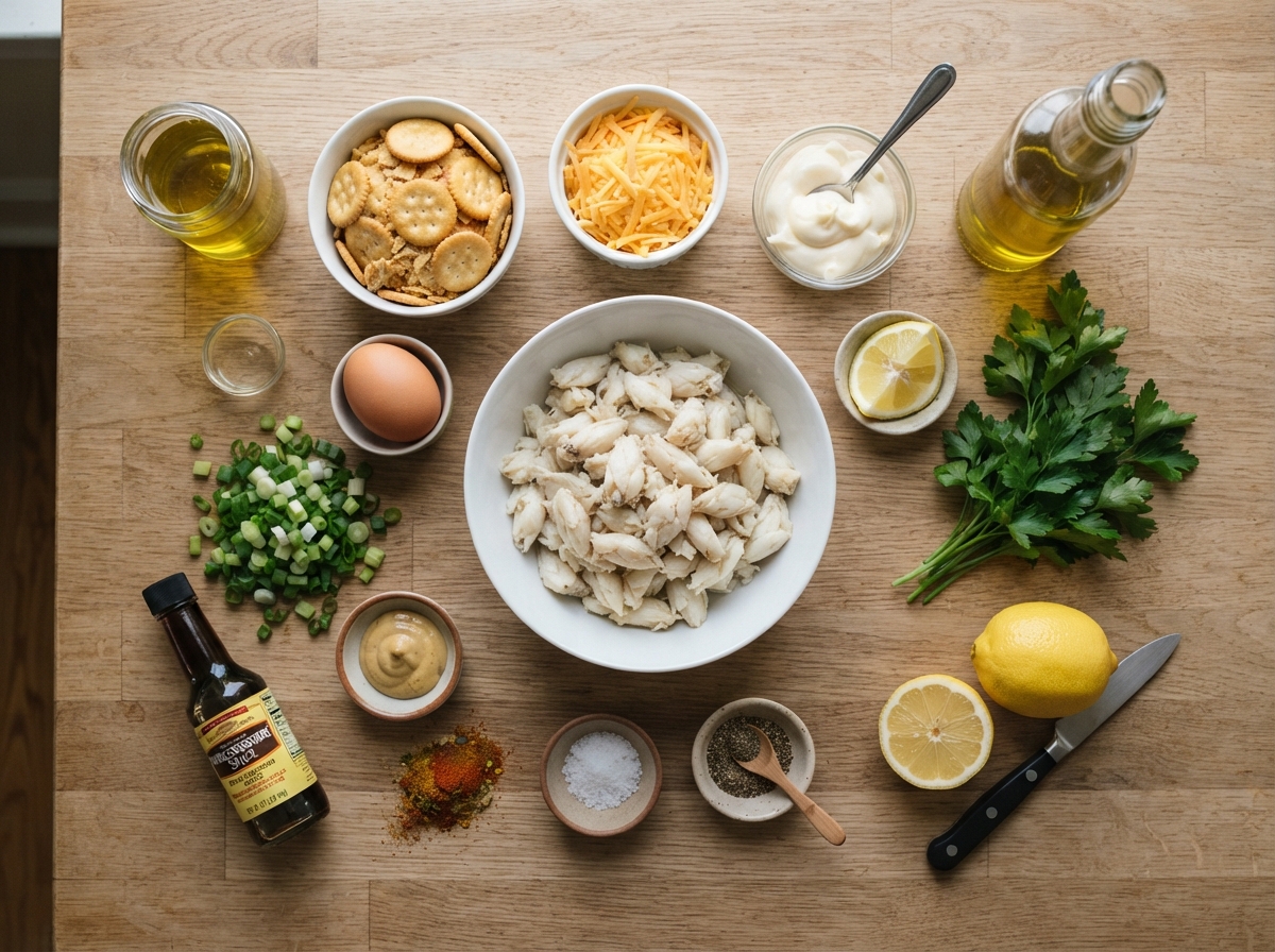 A table with various ingredients for making Crispy Cheddar Bay Crab Cakes.