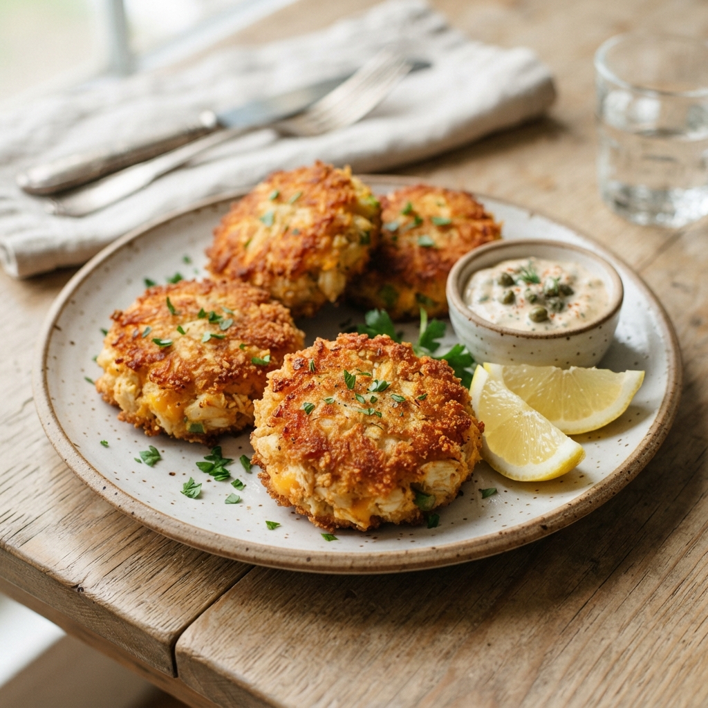 A plate of crispy cheddar bay crab cakes.