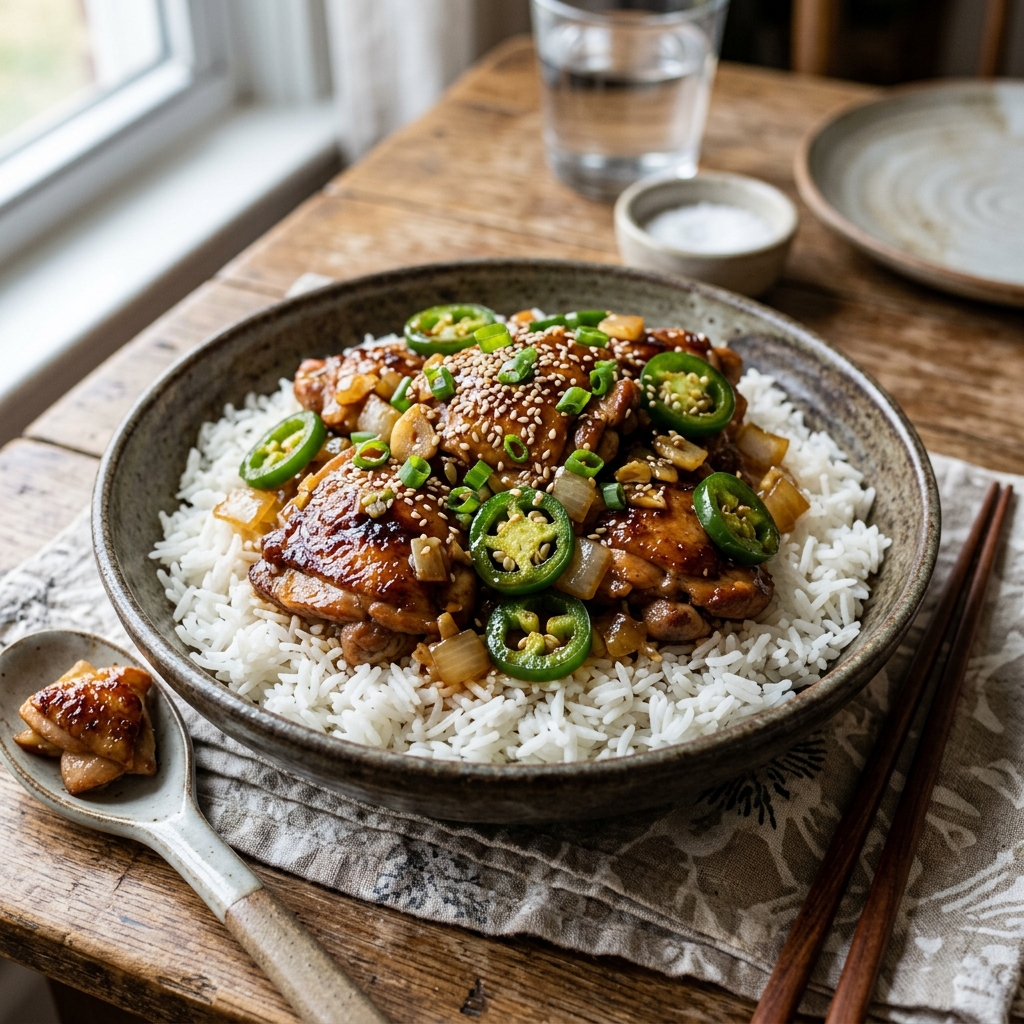 A bowl of jalapeno chicken on a table.