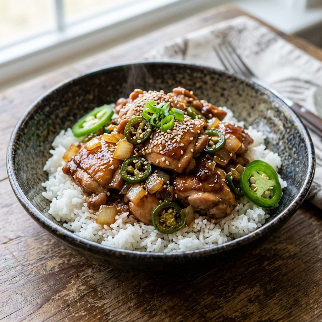 A bowl of food with rice and chicken.