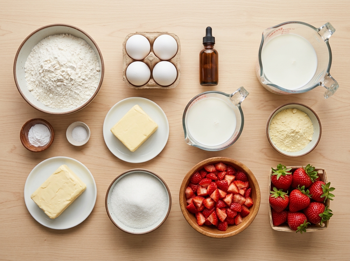 A table full of ingredients for a delicious strawberry custard delight cake.