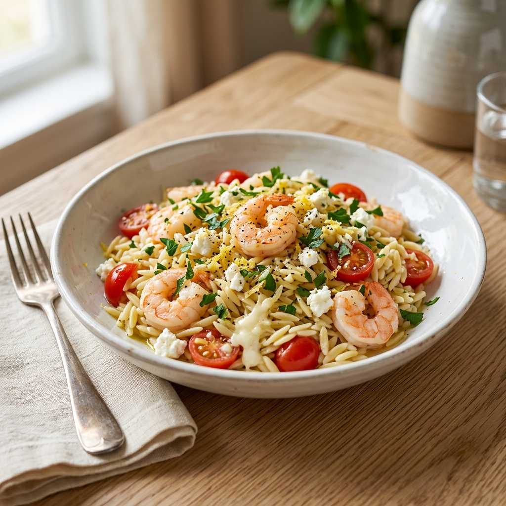 A bowl of shrimp and tomatoes with feta cheese.