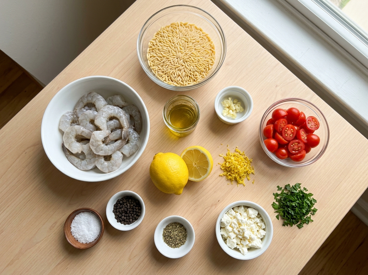 A table with various ingredients for a shrimp dish.