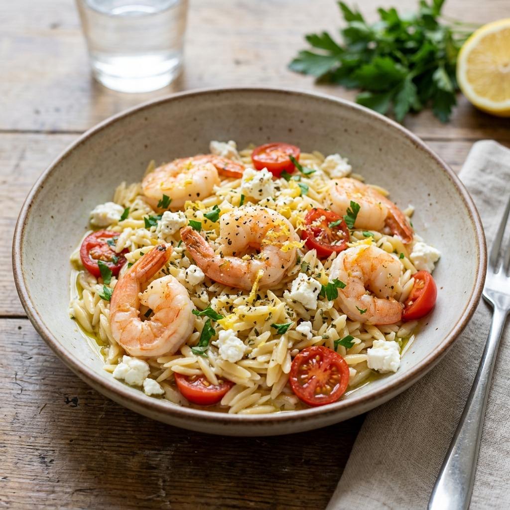 A bowl of shrimp and tomatoes with feta cheese.