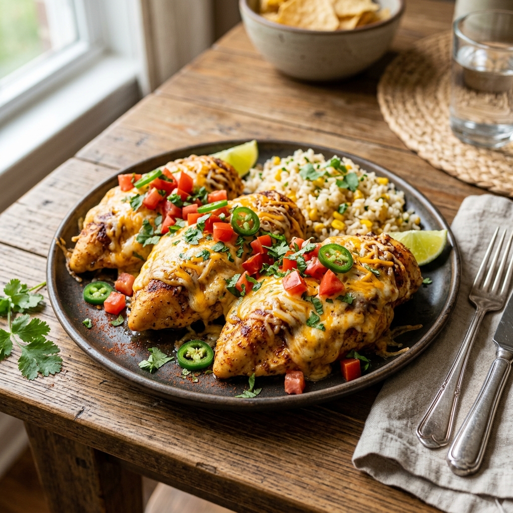 A plate of flavorful baked queso chicken.